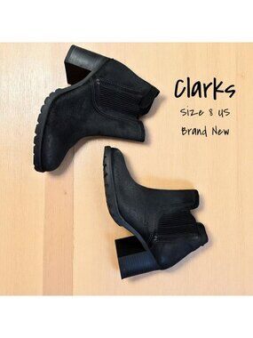 Clarks Leda Up women's black suede heeled ankle boots, size 8, brand new.